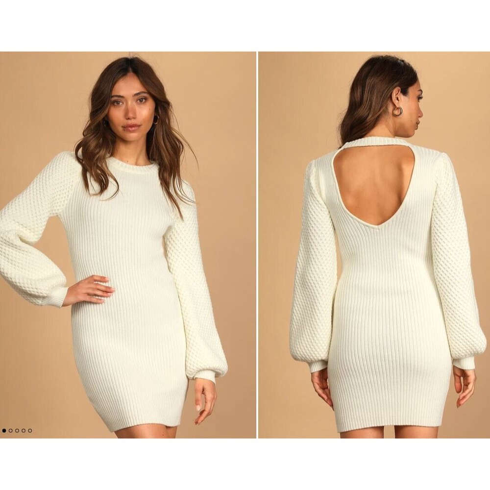 Lulus Mixing & Mingling Cream Knit Backless Bodycon Sweater Dress Long Sleeve M